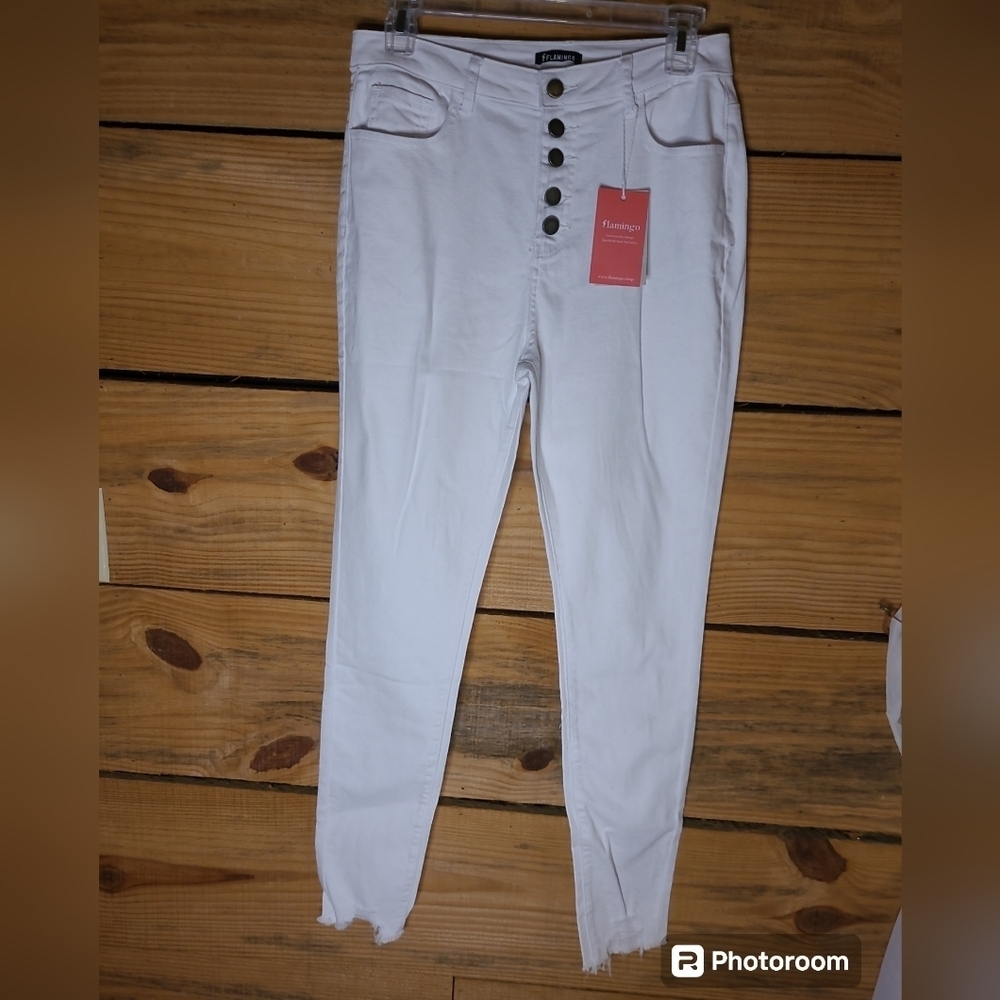 NWT* Flamingo* Button Fly* Stretch Jeans* Raw Hem* High Rise* White* Sz M/29